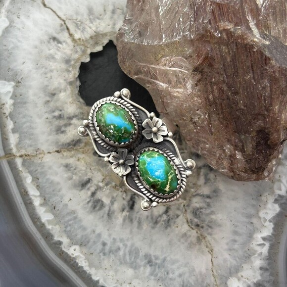 Sterling Southwestern Style 2 Sonora Gold Turquoise Adjustable Ring For Women #4 - Picture 2 of 10